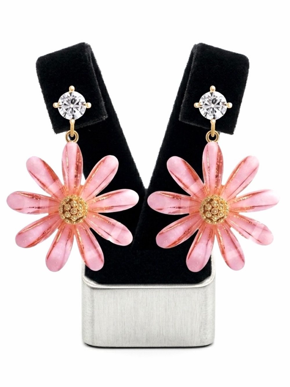 New Bohemian Floral Handmade 9k Gold Pink Sapphire Daisy Dangle Stud Earrings